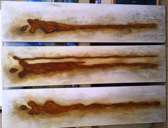 A SET OF 3 MASSIVE STRETCHED CANVASSES OF ORIGINAL MIXED MEDIA BY ALEXANDER KRENZ