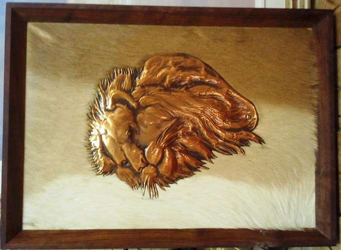 FRAMED LION, COPPER ART ON SPRINGBOK HIDE