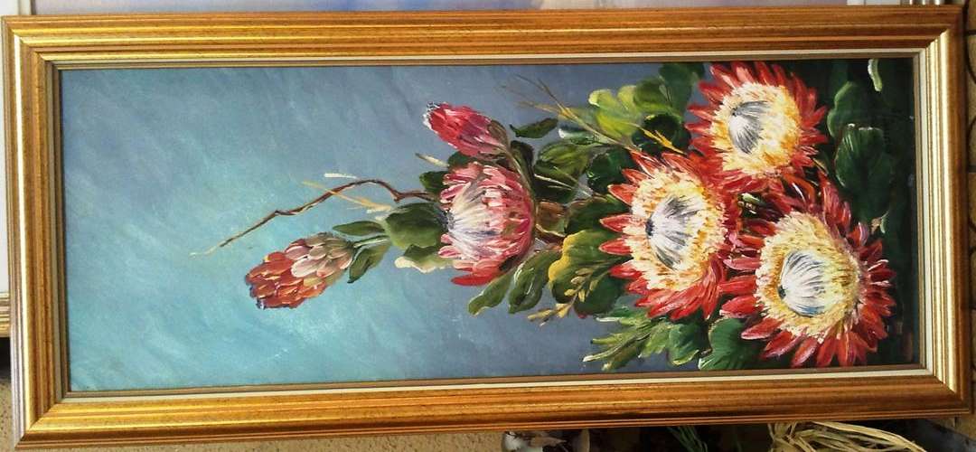 FRAMED ORIGINAL OIL ON CANVAS BOARD, PROTEAS BY ROSEMARY 1975