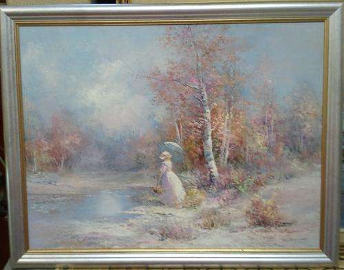 FRAMED ORIGINAL OIL PAINTING ON CANVAS BOARD, GIRL PICKING FLOWERS BY ARTIST DU PONT