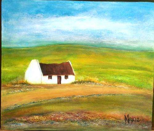 UNFRAMED ORIGINAL ACRYLIC ON CANVAS BOARD, COTTAGE ON FARMLAND by MAXIE LESSING