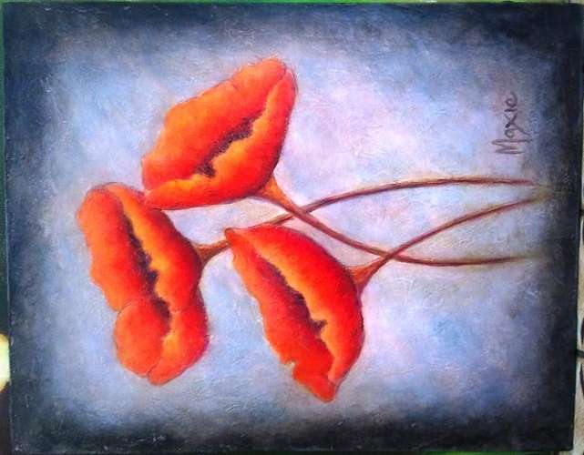 UNFRAMED ORIGINAL ACRYLIC ON CANVAS BOARD, 3 X POPPIES by MAXIE LESSING