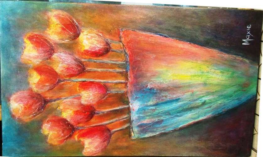 UNFRAMED ORIGINAL ACRYLIC ON CANVAS BOARD, 3 X TULIPS IN POT by MAXIE LESSING