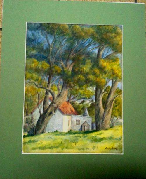 CRAZY R1 START, ORIGINAL WATER COLOUR, FARM LANDSCAPE BY LOUE BRIEL