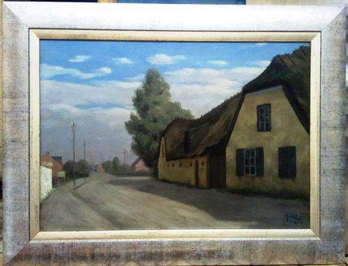FRAMED ORIGINAL OIL ON STRETCHED CANVAS (MAIN ROAD EARLY MORNING) SIGNED BY ARTIST H. HILME 1928