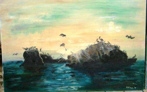 ORIGINAL ACRYLIC PAINTING ON BOARD (PELICAN ISLAND) BY R. A. PROVAN 1975