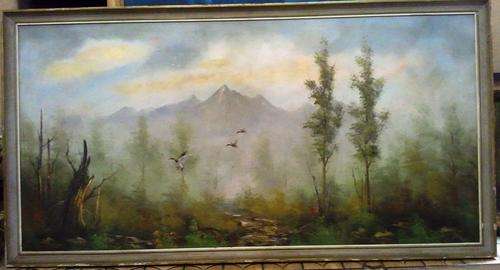 MASSIVE ORIGINAL OIL ON BOARD CANVAS (MISTY WOODS) SIGNED BY ARTIST "BAYLEY"