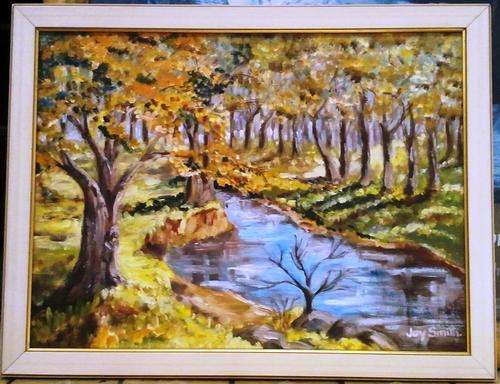 FRAMED ORIGINAL ACRYLIC ON BOARD CANVAS (RIVER AND TREES) SIGNED BY ARTIST JOY SMITH