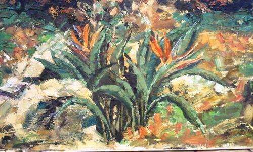 ORIGINAL ACRYLIC ON BOARD (STRELITZIAS) SIGNED BY ARTIST L. PEARCE 1973