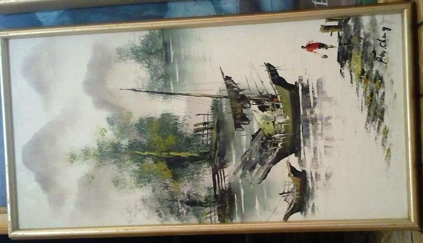 FRAMED ORIGINAL OIL ON BOARD CANVAS (RIVER SCAPE GREEN BOAT C1) by P.W. CHENG