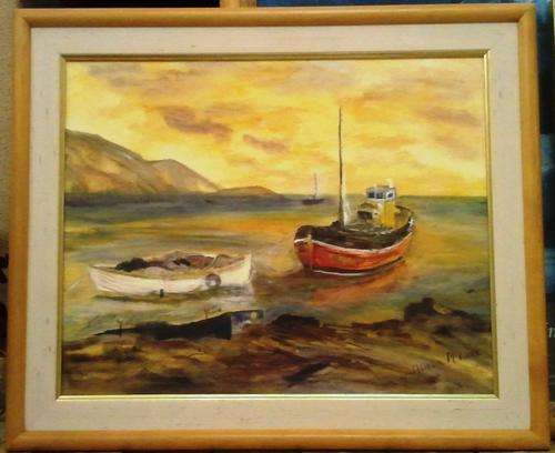 FRAMED ORIGINAL ACRYLIC ON BOARD CANVAS (BOATS IN THE HARBOUR) SIGNED BY ARTIST