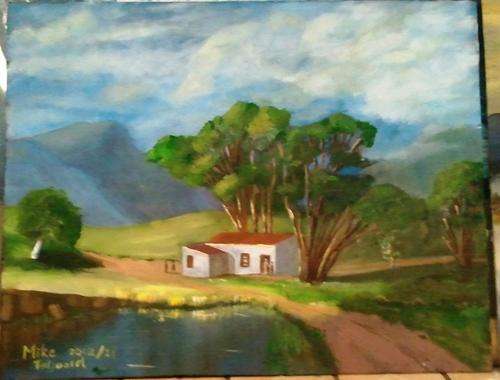 MIKE TALJAARD ORIGINAL OIL PAINTING ON BOARD CANVAS (FARM COTTAGE NEXT TO POND)