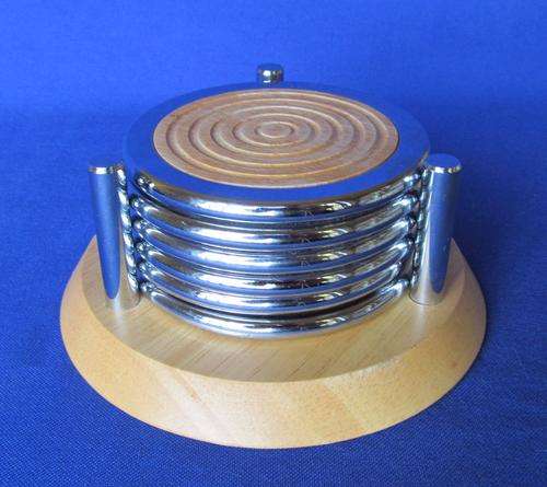 Wood And Chrome Set Of Six Coasters On Stand