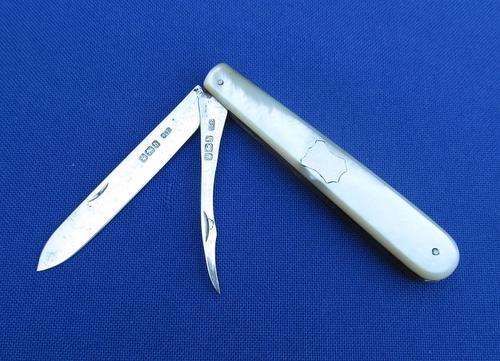 Antique Mappin Bros Hallmarked Silver and Mother Of Pearl Fruit Knife With Seed Pick