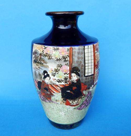 Satsuma Cobalt Blue Vase - Shimazu Family Crest