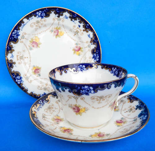 Royal Albert Crown China Cobalt Blue Floral Trio Un-Named Pattern # 275 - Made In England -1925-1927