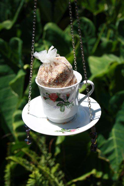 Tea Cup Bird Feeder / Rose / Purple bead