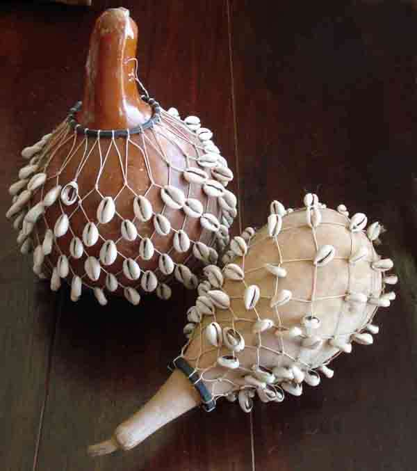 *** TWO OLD AFRICAN MUSICAL CALABASH SHELL RATTLES***