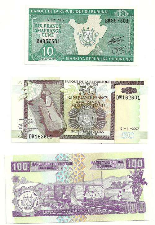 Bank Of Burundi 100, 50, 10 Francs (3 Bank Notes) Crisp Uncirculated