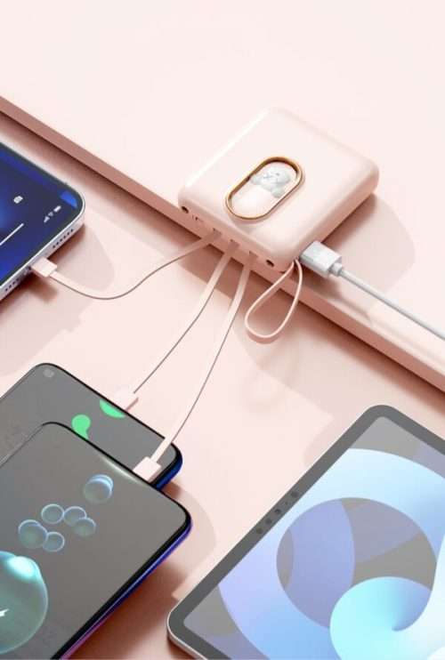 4-In-1 Power Bank 10000Mah Micro USB Type C And IOS Built-In Cable With LED Flashlight