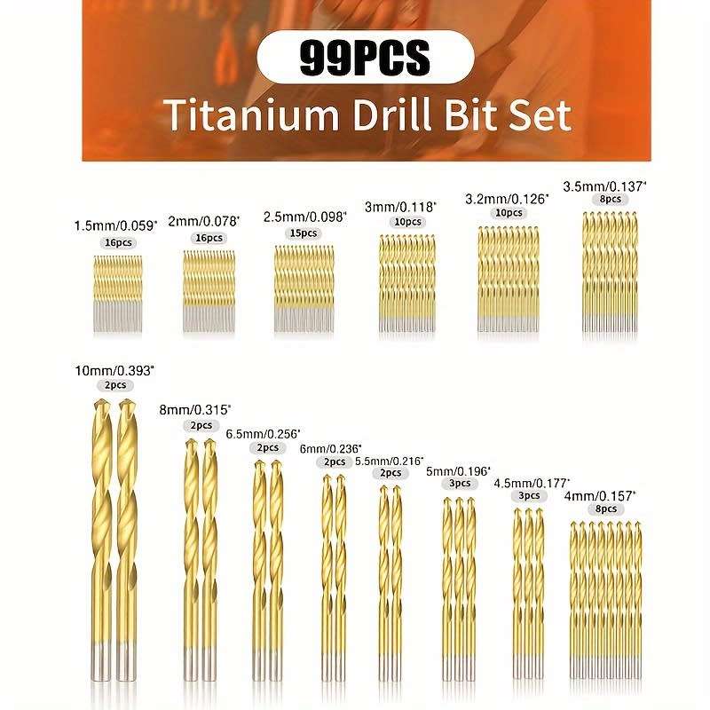 Twist Drill Bits 99-Piece Titanium Coated Twist Drill Bit Set With Box
