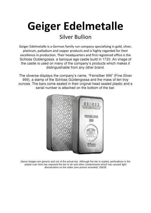 Geiger Edelmetalle 10 oz Silver Bullion Bar