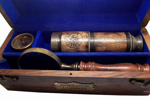 NAUTICAL ROSEWOOD GIFT BOX: TELESCOPE, MAGNIFIER, COMPASS IN ANTIQUATED BRASS