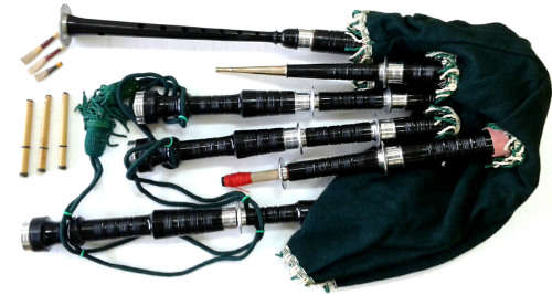 NEW FULL-SIZE HIGHLAND BAGPIPES with VELVET COVERS + ALL ACCESSORIES. RED OR GREEN.