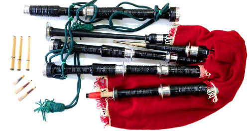 NEW FULL-SIZE HIGHLAND BAGPIPES with VELVET COVERS + ALL ACCESSORIES. RED OR GREEN.