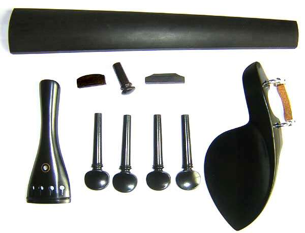 MADAGASCAR EBONY 4/4 VIOLIN PARISIAN EYE SET. TAILPIECE, FINGERBOARD, PEGS, SADDLE, NUT, CHINREST