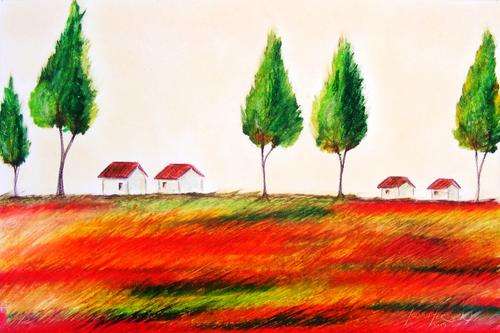 Lime and Clementine Farm Scene - Original Oil Pastel - Jennifer van Niekerk