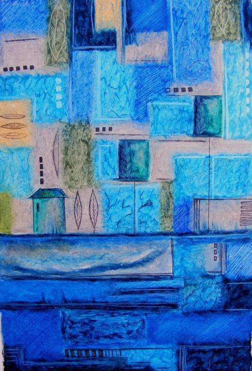 Cubistic Abstract Landscape - Original Oil Pastel - Jennifer van Niekerk