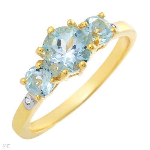 Stylish Brand New Three-stone Ring With 1.36ctw Precious Stones - Genuine Aquamarines and Diamonds B
