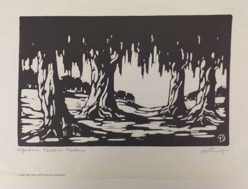 Linosniee afdruk van Wilgerbome Pretoria deur Jacob Hendrik Pierneef
