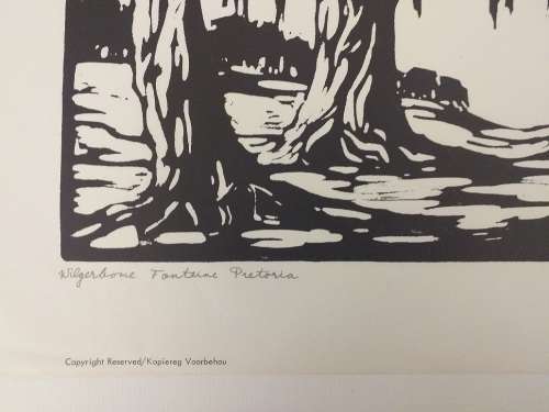 Linosniee afdruk van Wilgerbome Pretoria deur Jacob Hendrik Pierneef