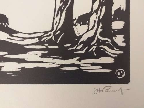 Linosniee afdruk van Wilgerbome Pretoria deur Jacob Hendrik Pierneef