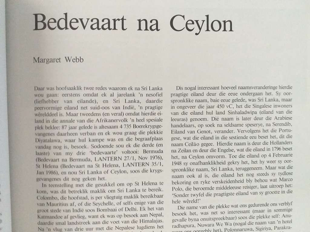 Lantern Tydskrif Magazine Aug 1987 vol 36 nr 3 Boerekrygsgevangenis Ceylon