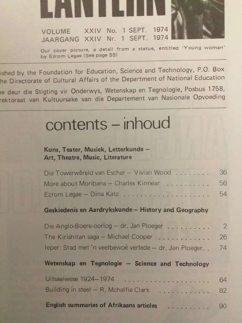 Lantern Tydskrif Magazine  Sept 1974 vol XXIV nr 1 (Artikel oor Die Anglo-Boere Oorlog)