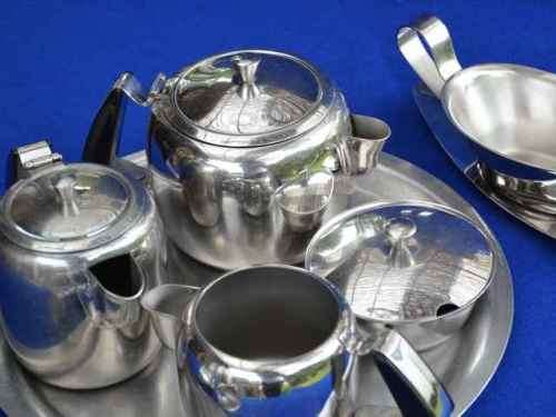 Stainless Steel Tea Set on Tray, with Gravy Boat on Stand and Two Egg Cups - Eight Pieces