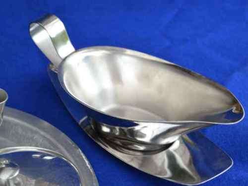 Stainless Steel Tea Set on Tray, with Gravy Boat on Stand and Two Egg Cups - Eight Pieces