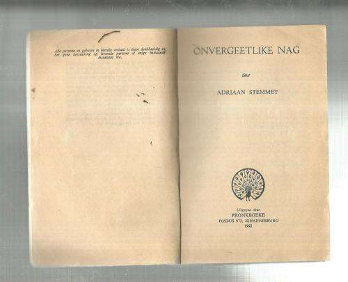 Adriaan Stemmet - Onvergeetlike nag - 1962 - Pronk boek - Avontuurverhaal