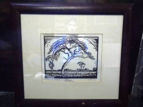 J H PIERNEEF - photo linocut - Thorntree and landscape