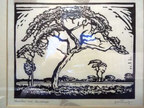 J H PIERNEEF - photo linocut - Thorntree and landscape