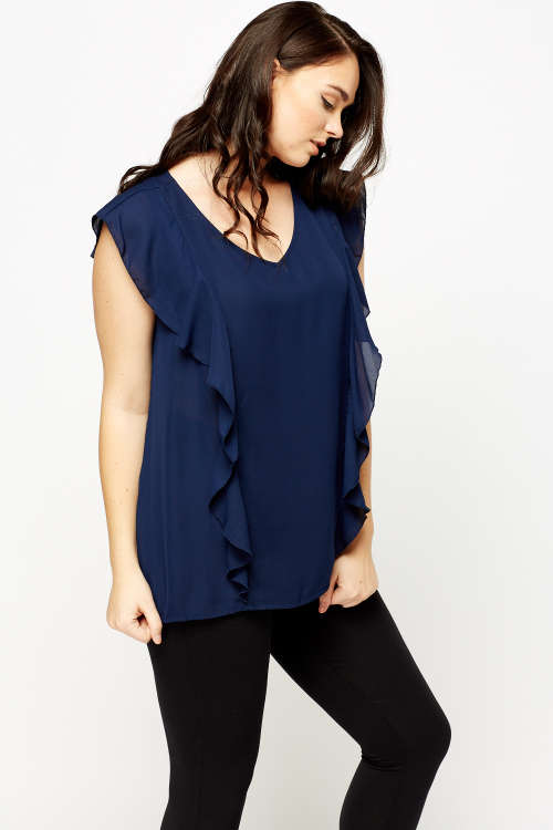PLUS SIZE Sheer Frilled Navy Top