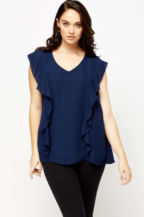 PLUS SIZE Sheer Frilled Navy Top