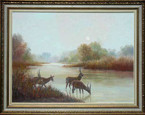 WATERBUCK AT THE RIVER by Paul Potgieter   (LARGE  1200mm x 940mm framed)