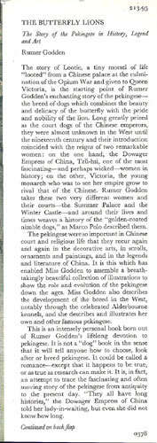 THE BUTTERFLY LIONS - The Pekingese in History, Legend and Art -- Rumer Godden