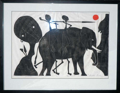Motshile Nthodi (b 1948). HUNTERS (Woodblock Print). No 12 / 20 (1976). Framed. 60 x 76 cm.