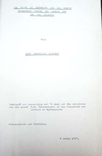 Die Regte en Voorregte van die Kaapse Vryburgers Tydens die Bewind van Jan van Riebeeck (Thesis)