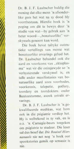 Die Raaisel  Hiernamaals  -- B.J.F. Laubscher